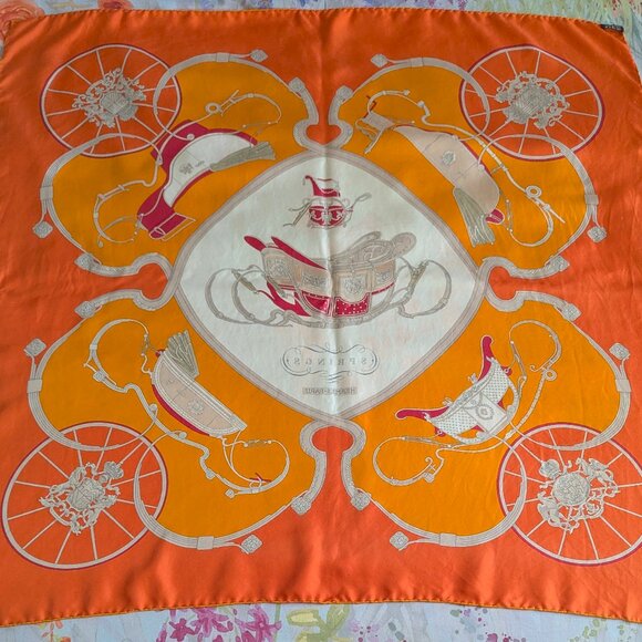 HERMES Springs Ledoux Orange White Red 90 cm Silk Square Scarf Rare Very Good - Picture 3 of 16